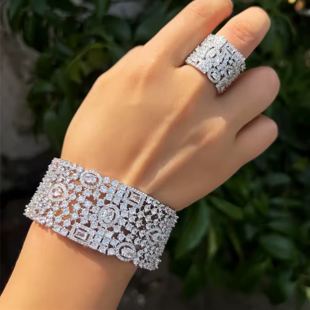 Luxury Cubic Zirconia Cuff Bracelet & Ring Set – Silver Tone - Picture 6 of 17